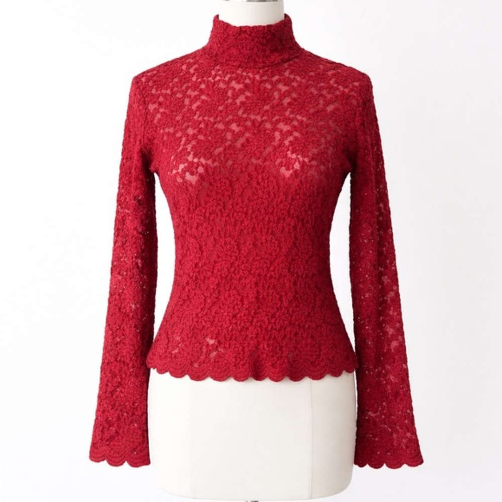 90s Y2K Forenza Red Lace Mock Neck Long Sleeve Top Scallop Hem Top Size Small